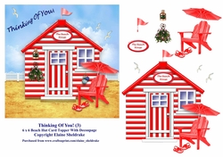 Thinking Of You Red & White Beach Hut (3) 6 x 6 Card Topper With Decoupage