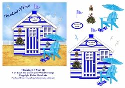 Thinking Of You Blue & White Beach Hut (4) 6 x 6 Card Topper With Decoupage