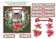 Christmas Poinsettias Watercolour Dark Tabby Cat - 6 x 6 Card Topper With Decoupage & Tags