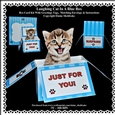 Laughing Kitten In A Blue Box - Box card Kit With Greetings Tags, Instructions And Matching Envelope