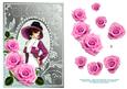 Decoupage Pink Roses and Vintage Lady in Burgundy Hat - Aqua