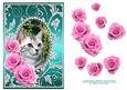 Pink Roses - Tabby Kitty Cat - Silver Jade Card Front