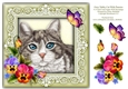 Solver Grey Tabby Cat 8 x 8 Card Topper With Pansy Decoupage