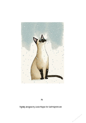 Siamese cat looking up at the snow