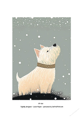 West highland terrier looking up at the snow