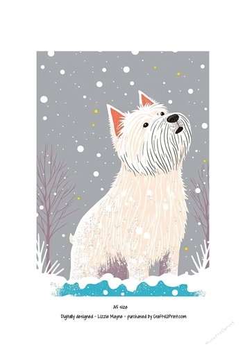 West highland terrier looking up at the snow