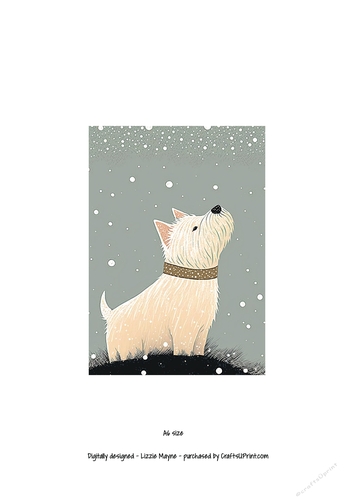 West highland terrier looking up at the snow