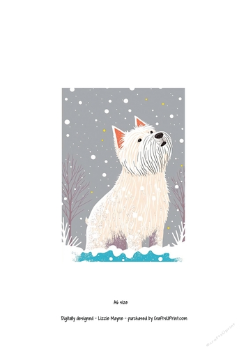 West highland terrier looking up at the snow