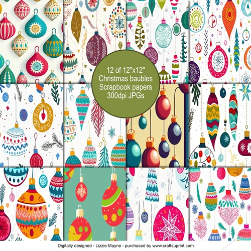 Whimsical Christmas baubles scrapbook paper pack.