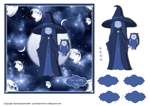 Witch and Moon 7x7 Birthday card, quick card, decoupage