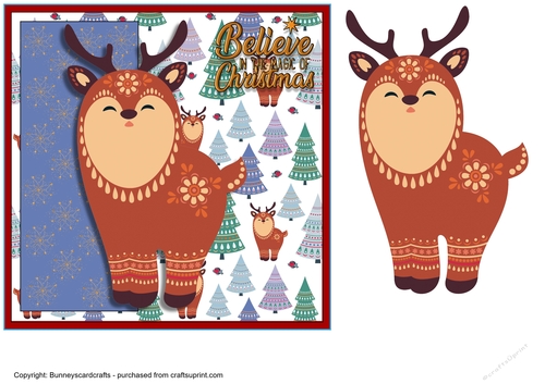 Christmas Reindeer 7x7 quick card, 3D decoupage