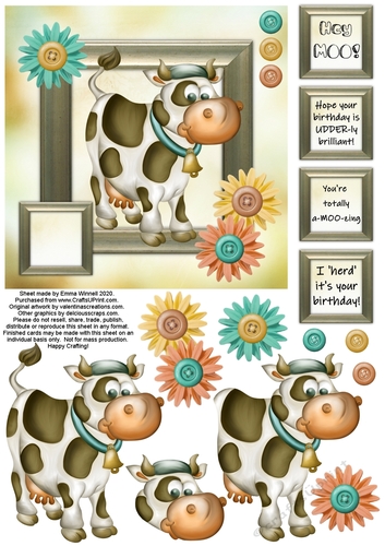 Cute Cow 6x6 Decoupage Card - Peach, Aqua and Yellow