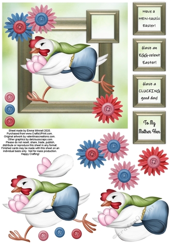 Hurrying Hen 6x6 Decoupage Card - Pink, Red, Blue & Green