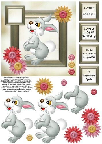 Happy Bunny 6x6 Decoupage Card - Pink, Red and Yellow