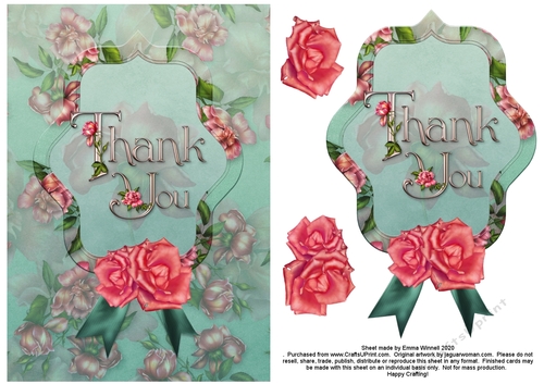 Thank You Roses A5 Decoupage Card Front - Pink and Aqua