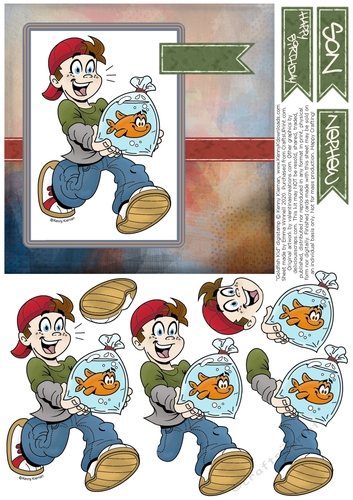 Goldfish Kid - 6x6 Decoupage Card - Khaki, Denim & Red 3