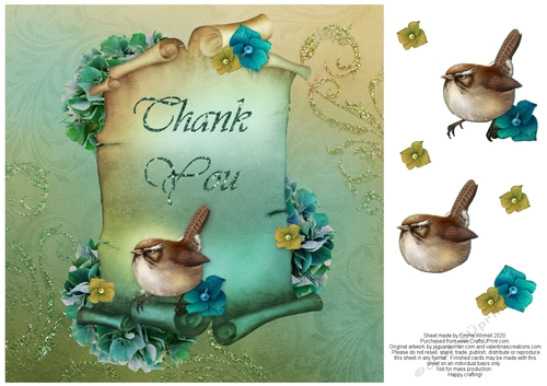 Bewicks Wren and Hydrangea 8x8 Decoupage Card - Thank You