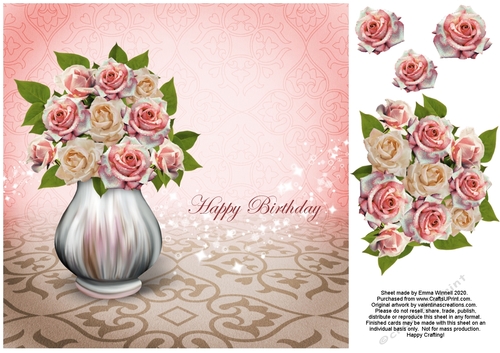 Vase of Roses 8x8 Decoupage Card - Happy Birthday - Pink & Biege