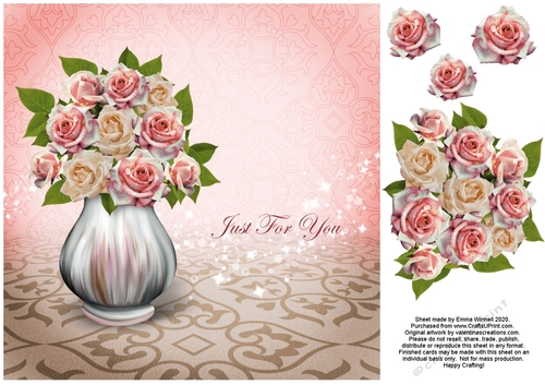 Vase of Roses 8x8 Decoupage Card - Just For You - Pink & Biege