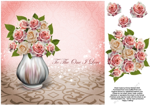 Vase of Roses 8x8 Decoupage Card - To The One I Love - Pink & Biege