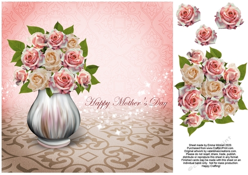 Vase of Roses 8x8 Decoupage Card - Happy Mothers Day - Pink & Biege