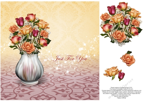 Vase of Roses 8x8 Decoupage Card - Just For You - Red & Yellow