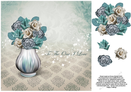 Vase of Roses 8x8 Decoupage Card - To The One I Love - Teal & Cream