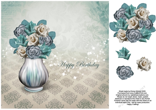 Vase of Roses 8x8 Decoupage Card - Happy Birthday - Teal & Cream