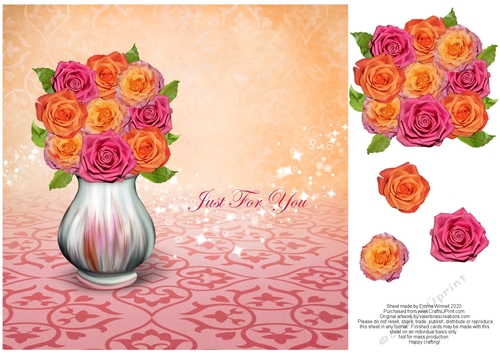 Vase of Roses 8x8 Decoupage Card - Just For You - Pink & Orange
