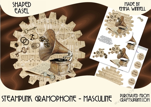 Steampunk Gramophone Cog-Shaped Easel Decoupage Card Mini Kit - Masculine