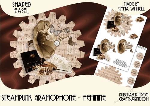 Steampunk Gramophone Cog-Shaped Easel Decoupage Card Mini Kit - Feminine