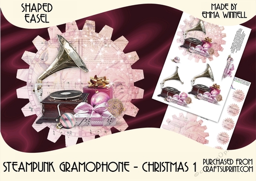 Steampunk Gramophone Cog-Shaped Easel Decoupage Card Mini Kit - Christmas 1