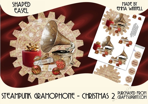 Steampunk Gramophone Cog-Shaped Easel Decoupage Card Mini Kit - Christmas 2