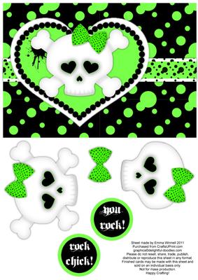 Punk Love - Green - Girly Skull and Crossbones Decoupage