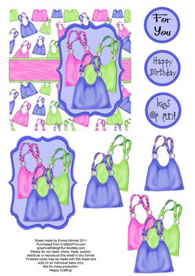 Bags of Fun - Handbag Decoupage Card - Blue, Pink & Green