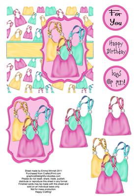 Bags of Fun - Handbag Decoupage Card - Aqua, Yellow & Pink