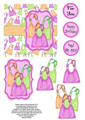 Bags of Fun - Handbag Decoupage Card - Mauve, Orange & Green