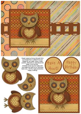 Hootie Owl Decoupage Card Front - Brown & Orange