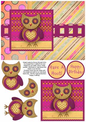 Hootie Owl Decoupage Card Front - Raspberry & Beige
