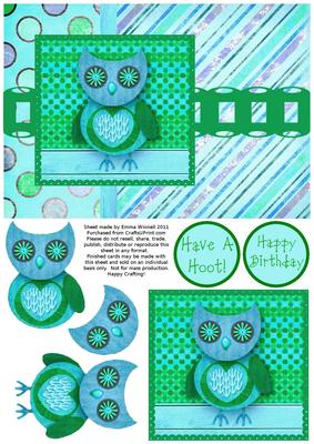 Hootie Owl Decoupage Card Front - Green & Blue