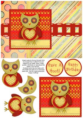 Hootie Owl Decoupage Card Front - Red & Yellow