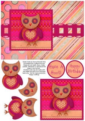 Hootie Owl Decoupage Card Front - Raspberry & Peach