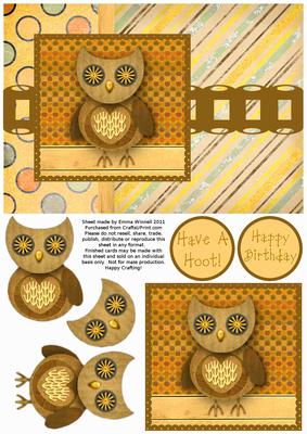 Hootie Owl Decoupage Card Front - Brown & Yellow