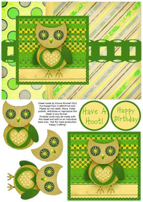 Hootie Owl Decoupage Card Front - Green & Beige