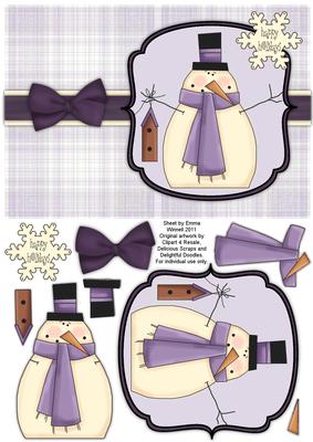 Snowman with Birdhouse Decoupage Card - Lilac