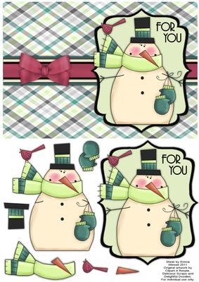 Snuggly Snowman with Bird Decoupage Card - Pistachio & Teal