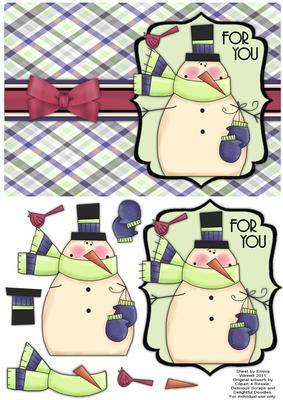 Snuggly Snowman with Bird Decoupage Card - Pistachio & Blue