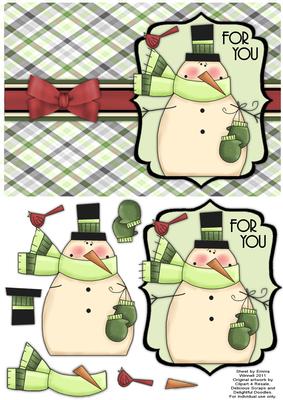 Snuggly Snowman with Bird Decoupage Card - Pistachio & Green