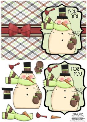 Snuggly Snowman with Bird Decoupage Card - Pistachio & Brown