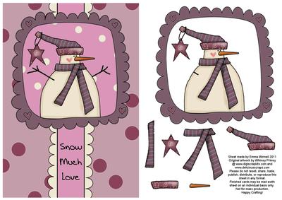 Dots & Doodles Snowman Decoupage Card Front - Pink & Plum
